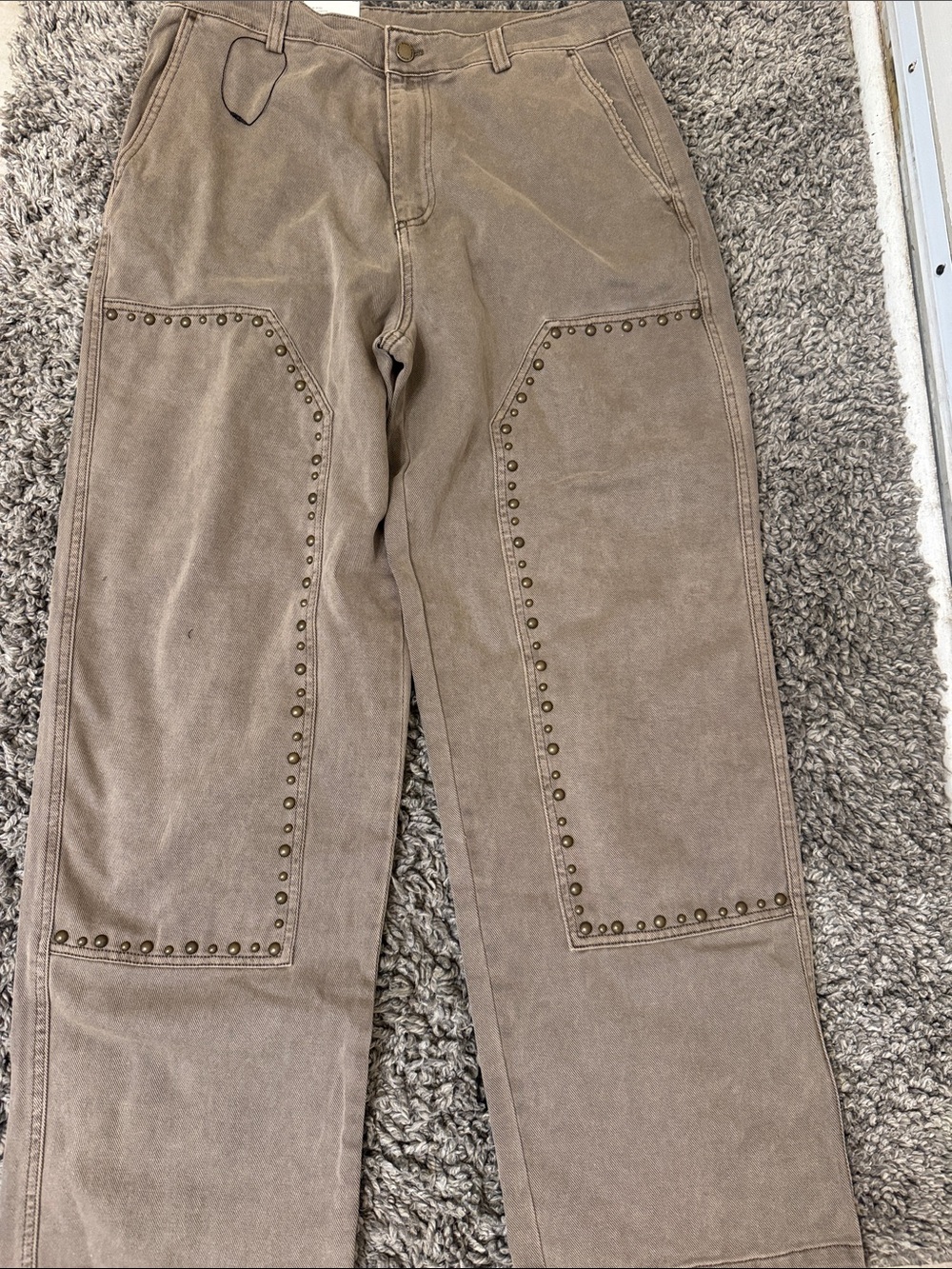 Zara Men's Stud-Trim Workwear Pants in Taupe